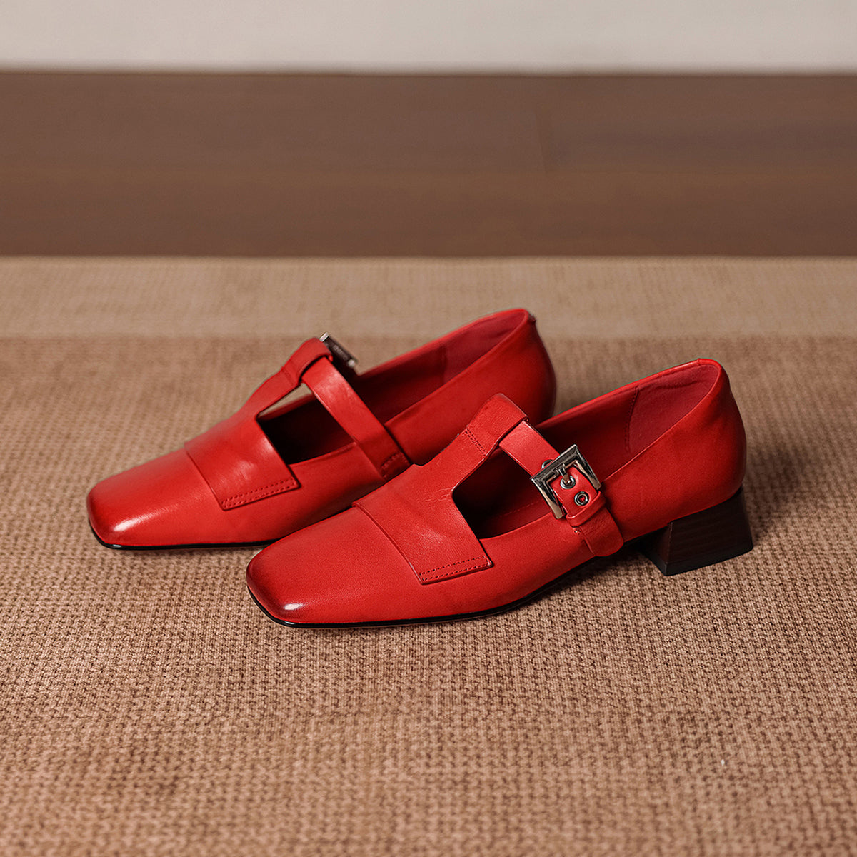 Women's Square Toe Mary Jane Shoes Buckle Low Block Heel