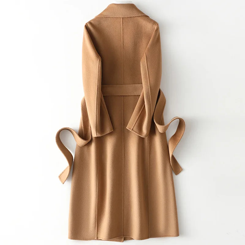 2025 Autumn 100% Wool Coats With Belt Fashion Open Stitch Elegant Woolen Cashmere Coat Veste Femme Tops - Axel Ross