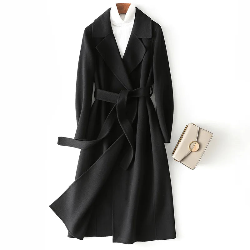 2025 Autumn 100% Wool Coats With Belt Fashion Open Stitch Elegant Woolen Cashmere Coat Veste Femme Tops - Axel Ross