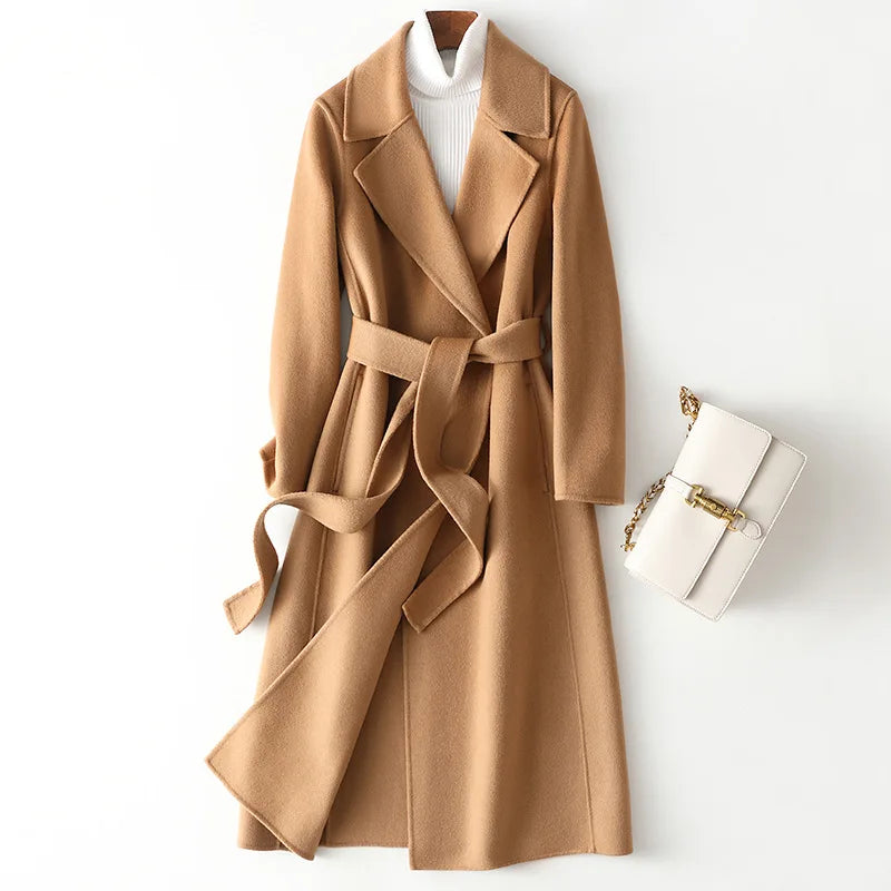 2025 Autumn 100% Wool Coats With Belt Fashion Open Stitch Elegant Woolen Cashmere Coat Veste Femme Tops - Axel Ross