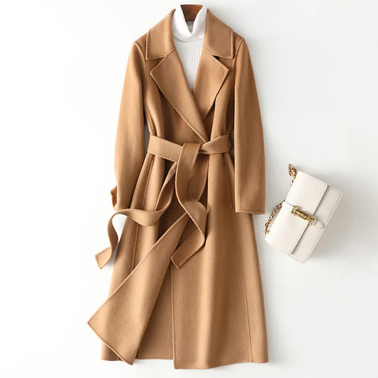 2025 Autumn 100% Wool Coats With Belt Fashion Open Stitch Elegant Woolen Cashmere Coat Veste Femme Tops - Axel Ross