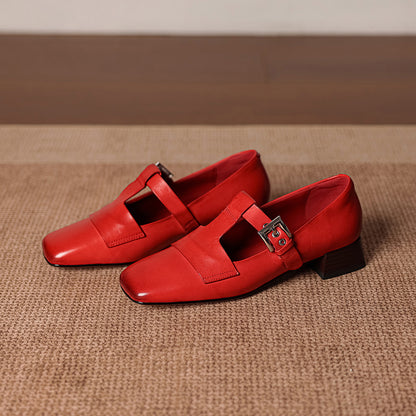 Women's Square Toe Mary Jane Shoes Buckle Low Block Heel