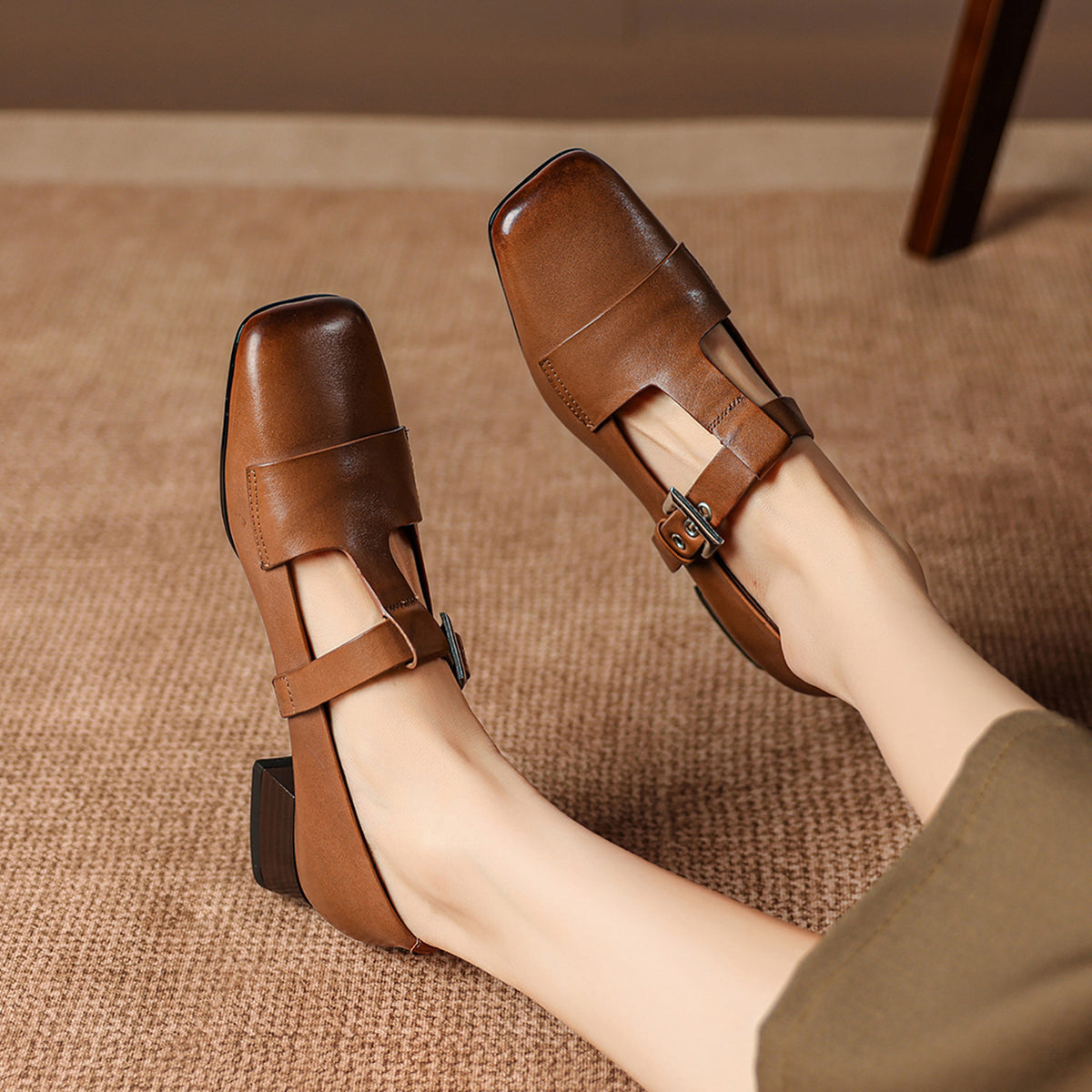 Women's Square Toe Mary Jane Shoes Buckle Low Block Heel