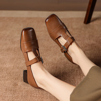 Women's Square Toe Mary Jane Shoes Buckle Low Block Heel
