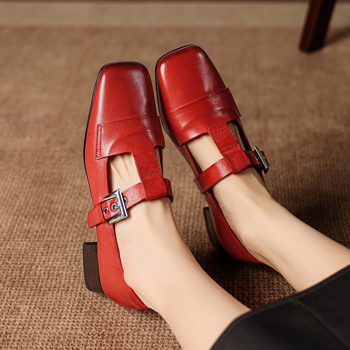 Women's Square Toe Mary Jane Shoes Buckle Low Block Heel