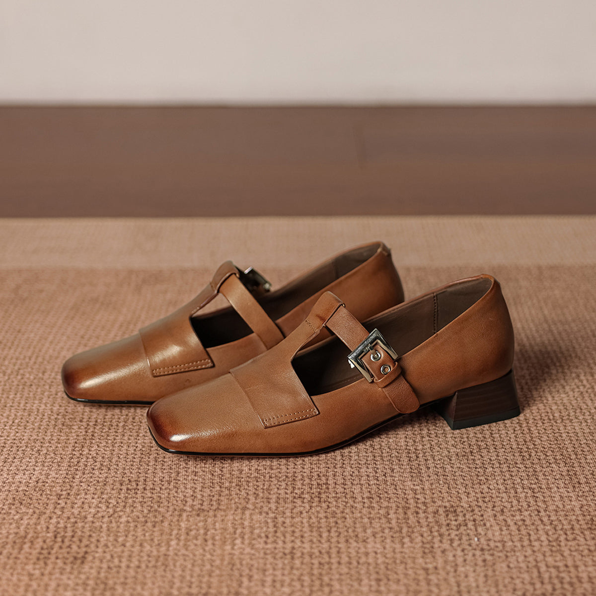 Women's Square Toe Mary Jane Shoes Buckle Low Block Heel