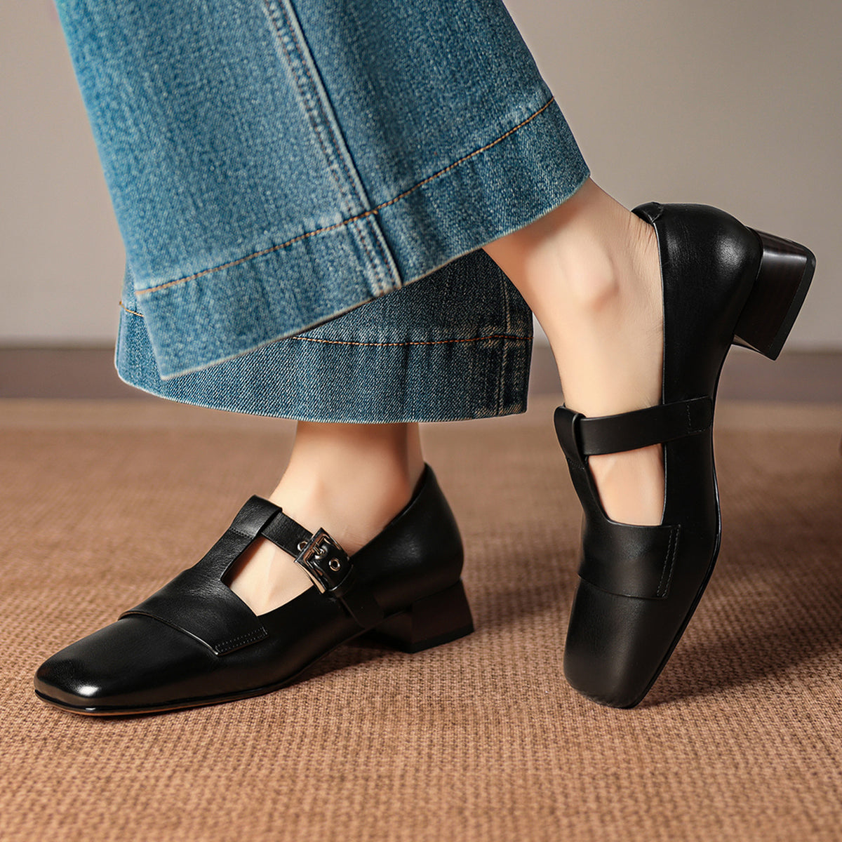 Women's Square Toe Mary Jane Shoes Buckle Low Block Heel