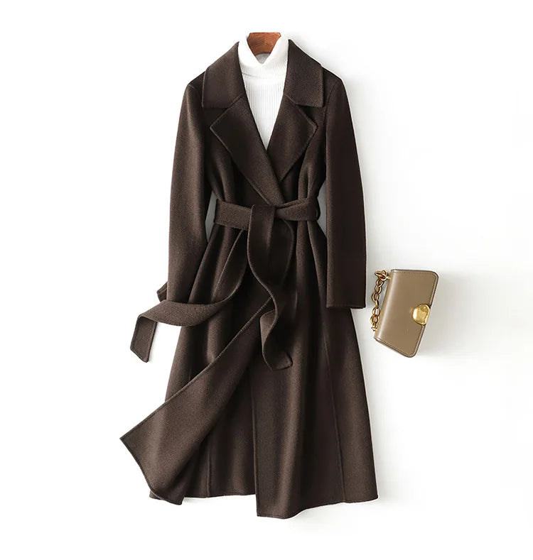 2025 Autumn 100% Wool Coats With Belt Fashion Open Stitch Elegant Woolen Cashmere Coat Veste Femme Tops - Axel Ross