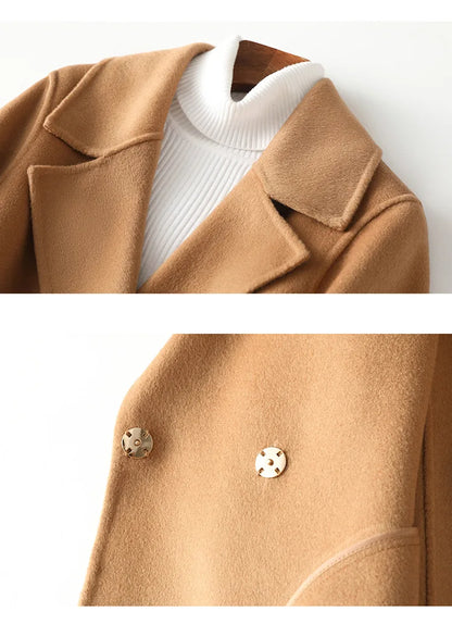 2025 Autumn 100% Wool Coats With Belt Fashion Open Stitch Elegant Woolen Cashmere Coat Veste Femme Tops - Axel Ross