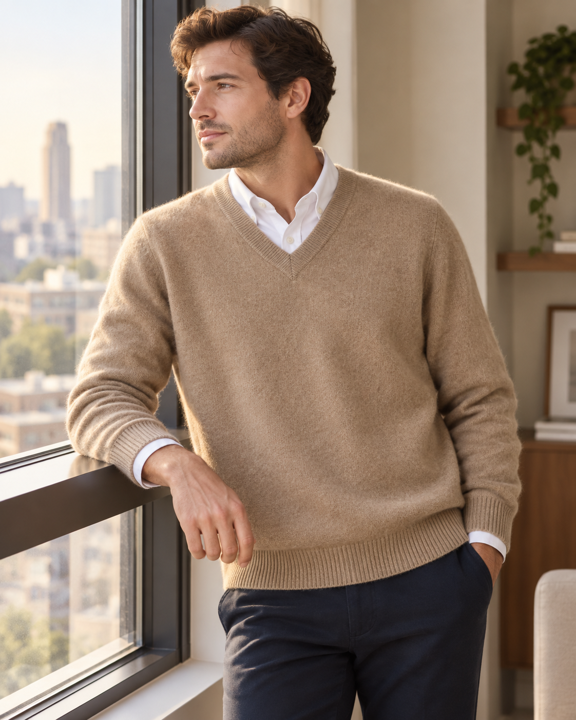 Maderno V-Neck Sweater in Camel - camel wearing