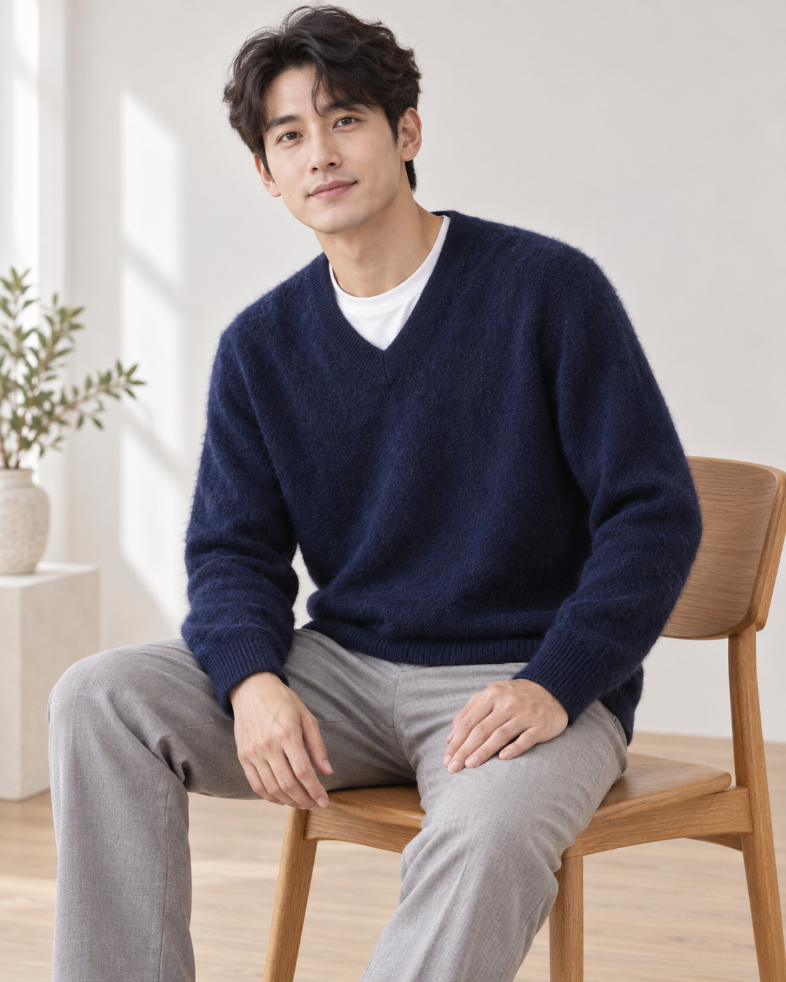 Maderno V-Neck Sweater in Navy - navy wearing