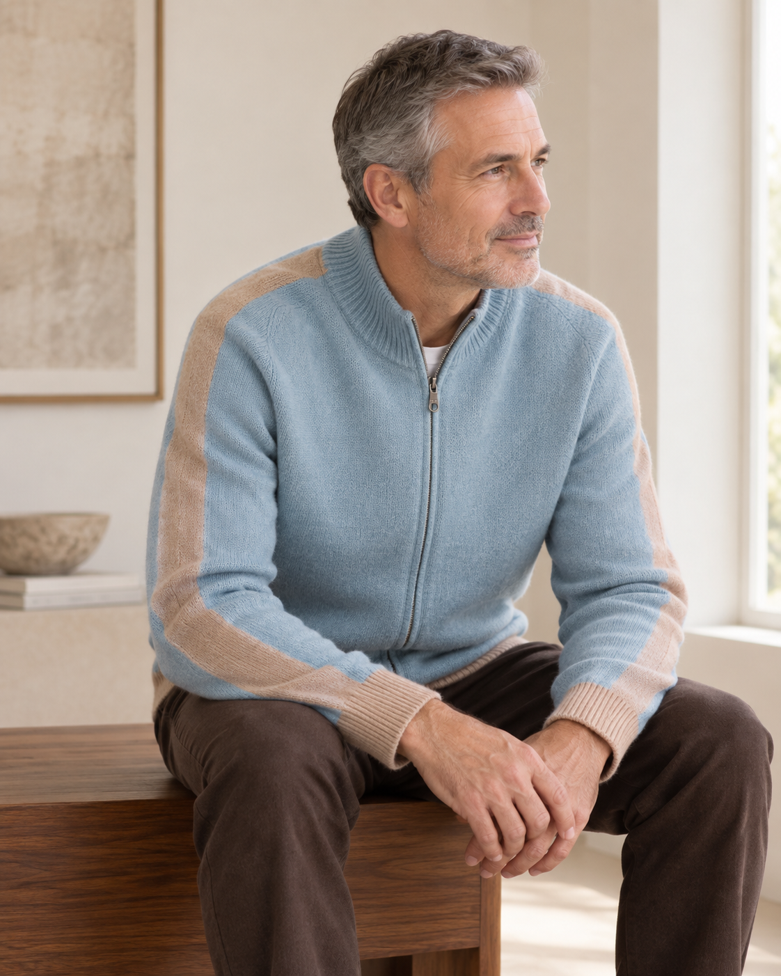Valdoro Contrast Knit Jacket in Light Blue - blue seated model