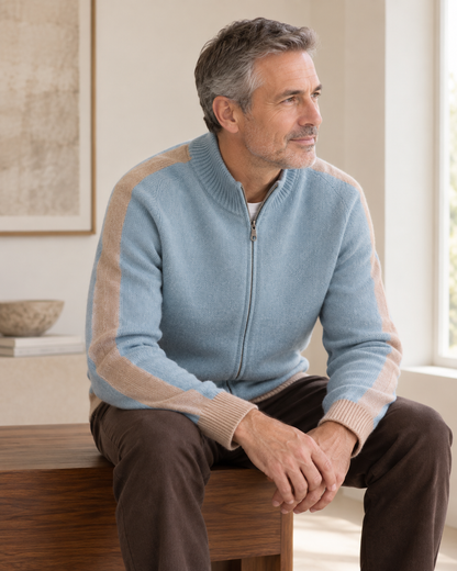 Valdoro Contrast Knit Jacket in Light Blue - blue seated model