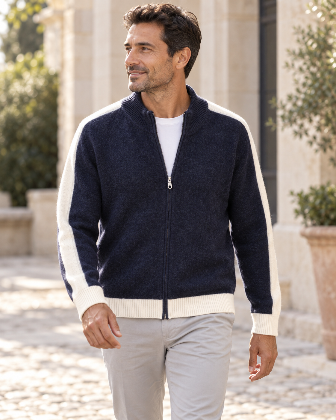 Valdoro Contrast Knit Jacket in Navy - courtyard model
