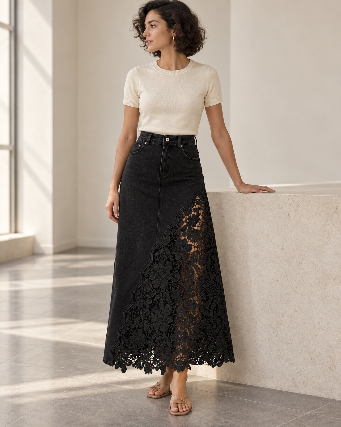 Roselle Black skirt styled with a cream knit top in a modern interior