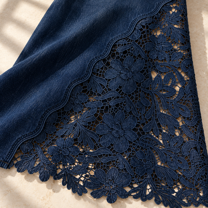 Roselle Navy floral lace and scalloped denim-panel detail