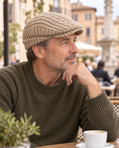 Brivio Fleece-Lined Knit Cap in beige, male wearing