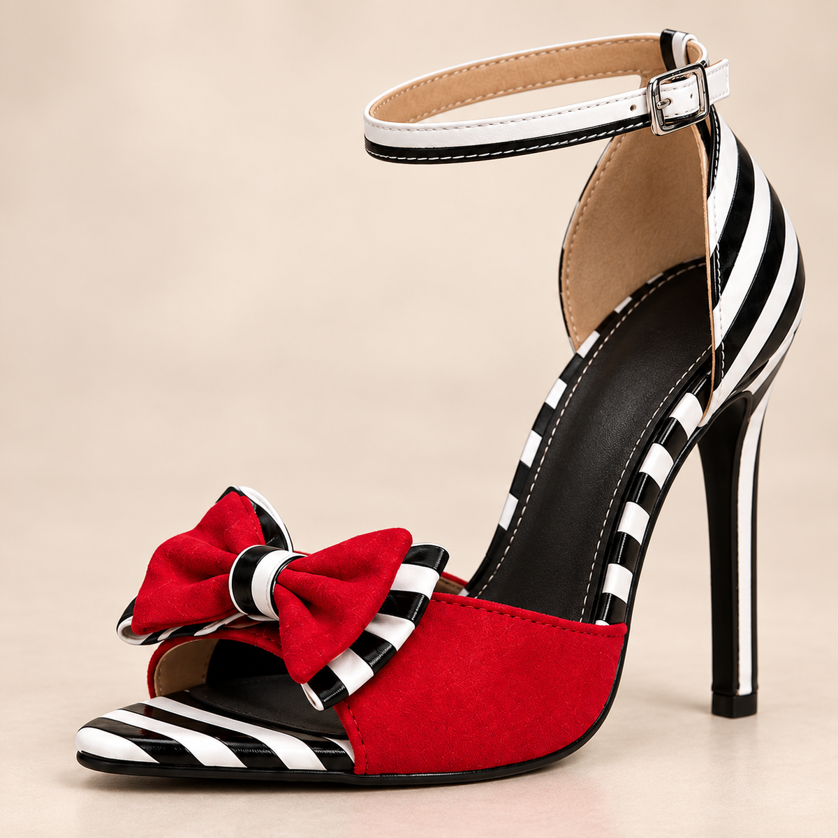 Vivelle Bow Stiletto Heels in red stripe, bow detail