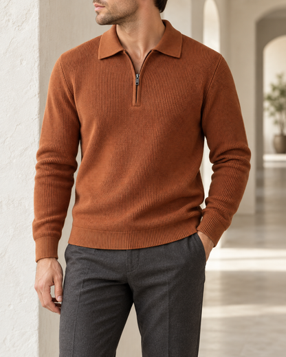Torren Waffle Quarter-Zip in burnt orange, male wearing