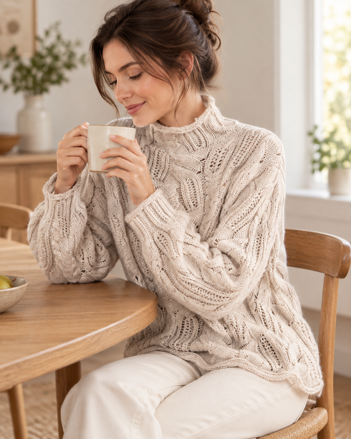 Nerina Cable-Knit Sweater in beige, female wearing