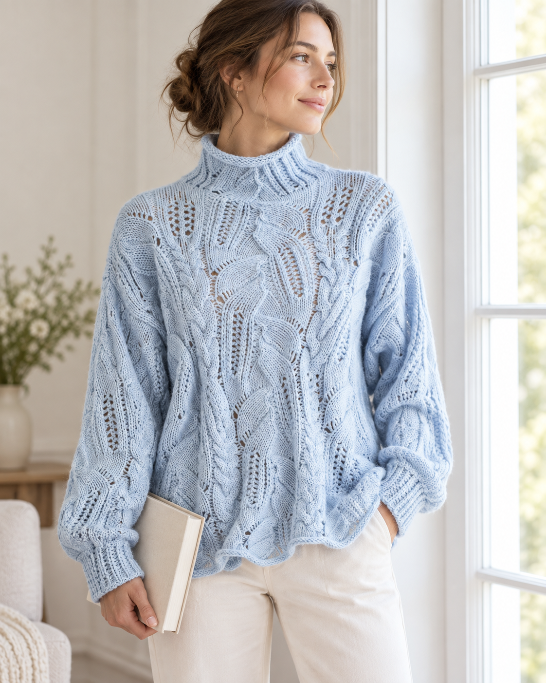 Nerina Cable-Knit Sweater in wavy blue, female wearing