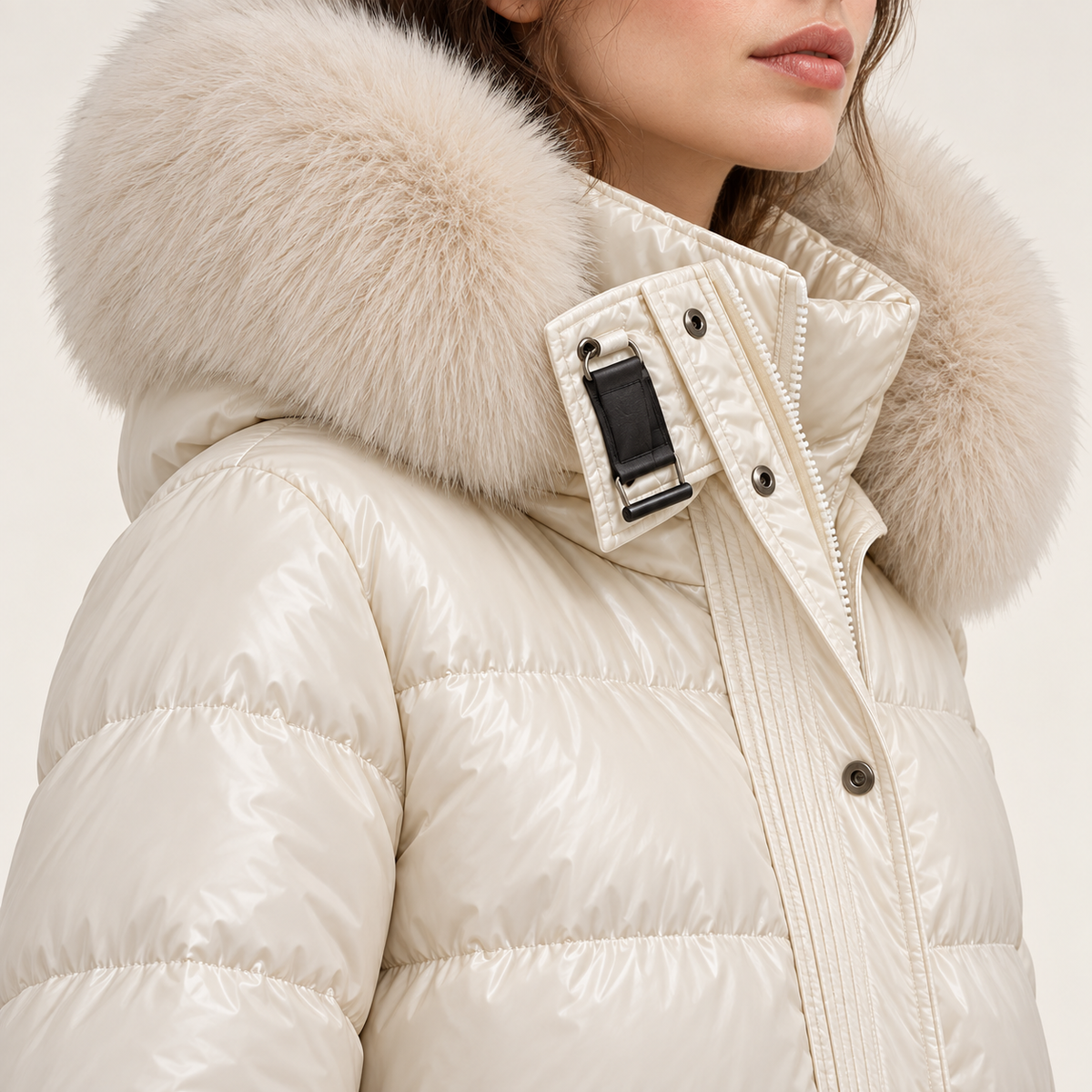 Iselle Belted Puffer Coat in white, hood detail