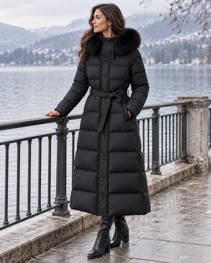 Iselle Belted Puffer Coat in black, female wearing