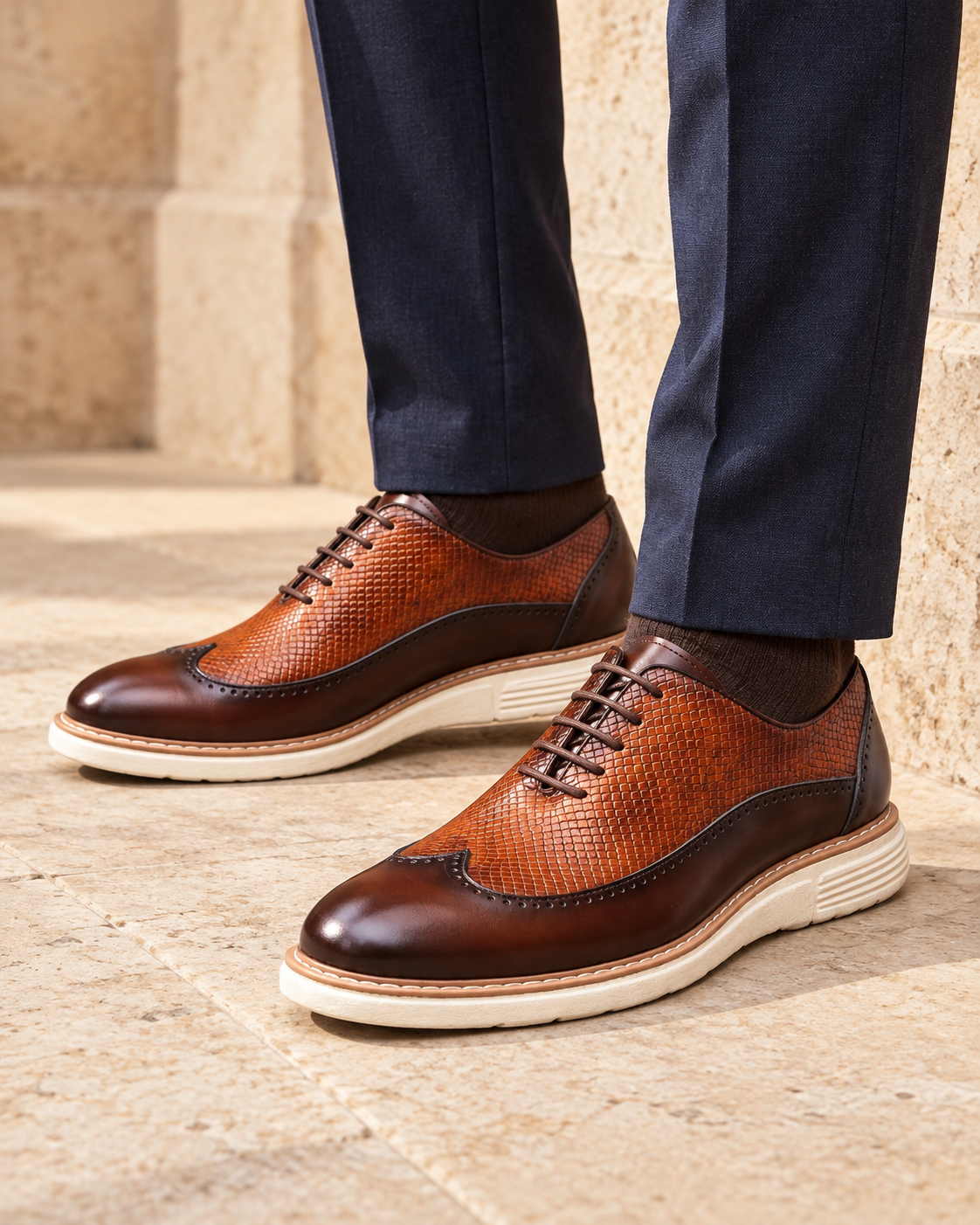 Carden Wingtip Lace-Ups in brown, male wearing