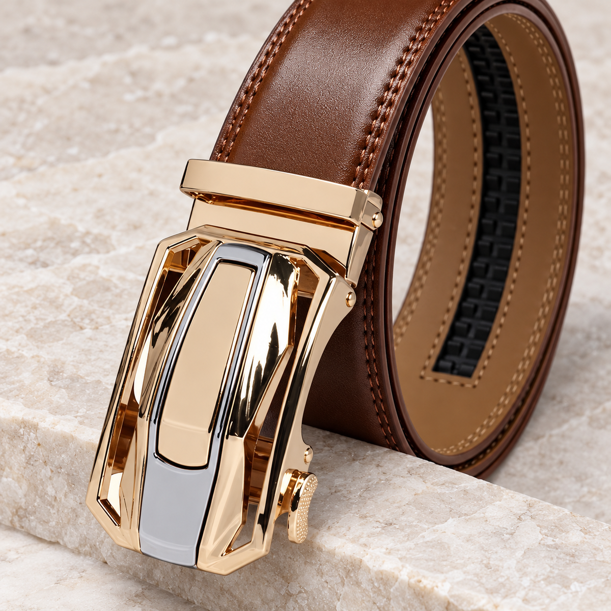 Vittoro Auto-Lock Belt in brown, buckle detail