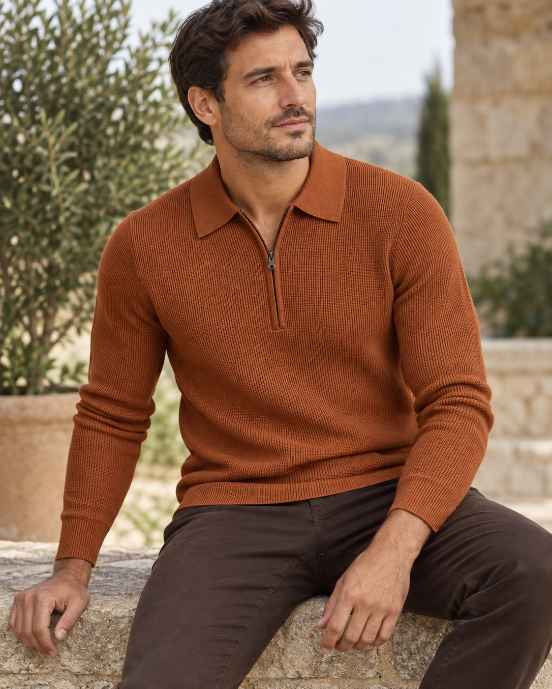 Renwick Waffle Quarter-Zip in Burnt Orange - orange worn