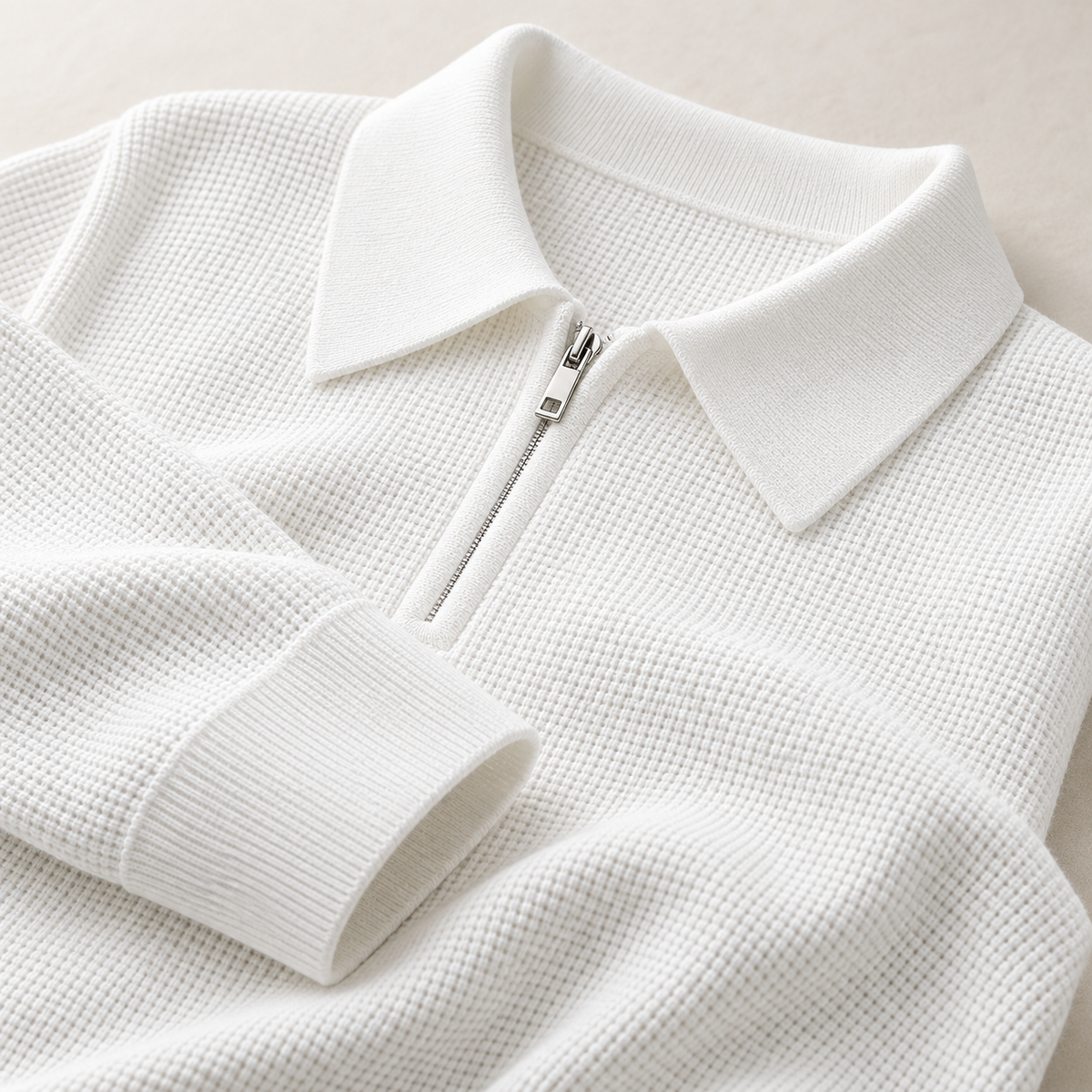 Renwick Waffle Quarter-Zip in White - white knit detail