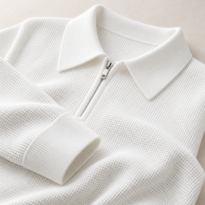 Renwick Waffle Quarter-Zip in White - white knit detail