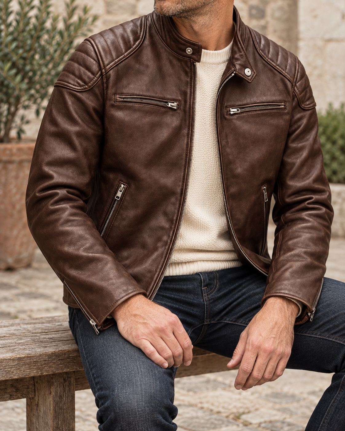 Caldren Moto Jacket in Bourbon - bourbon worn