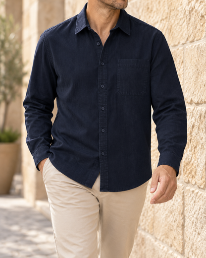 Tavaro Textured Shirt in Navy - navy worn