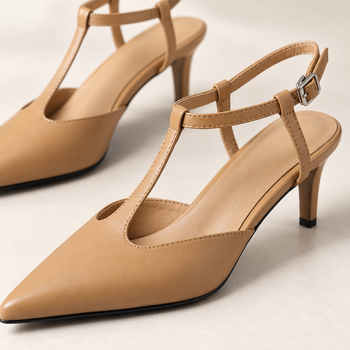 Sorelia T-Strap Heels in Caramel - caramel strap detail
