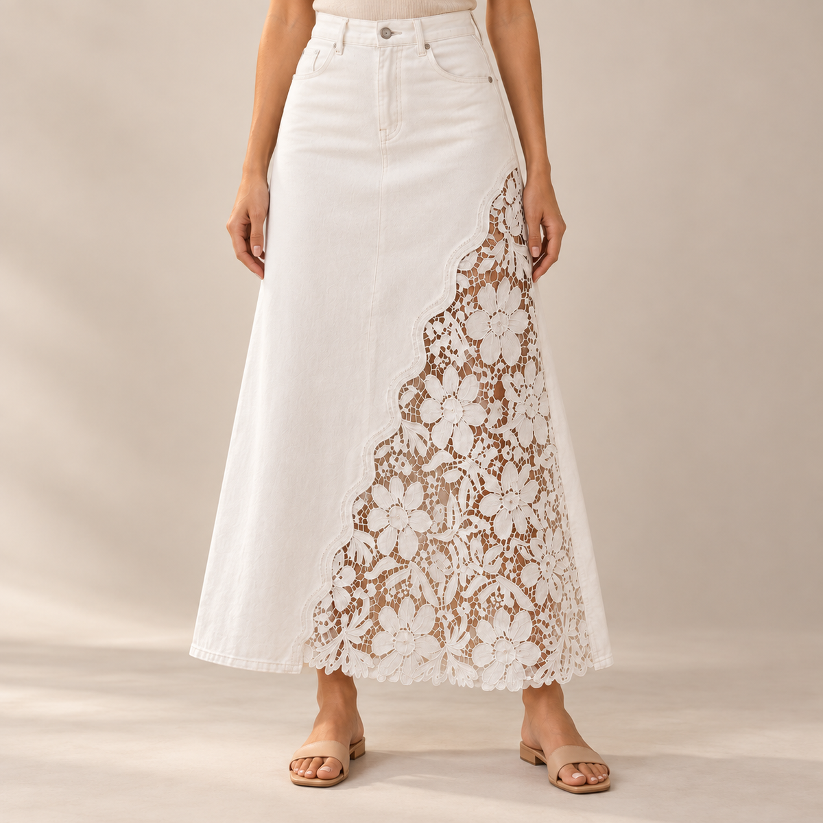 Roselle White lace denim maxi skirt worn by a model, waist-to-feet studio view
