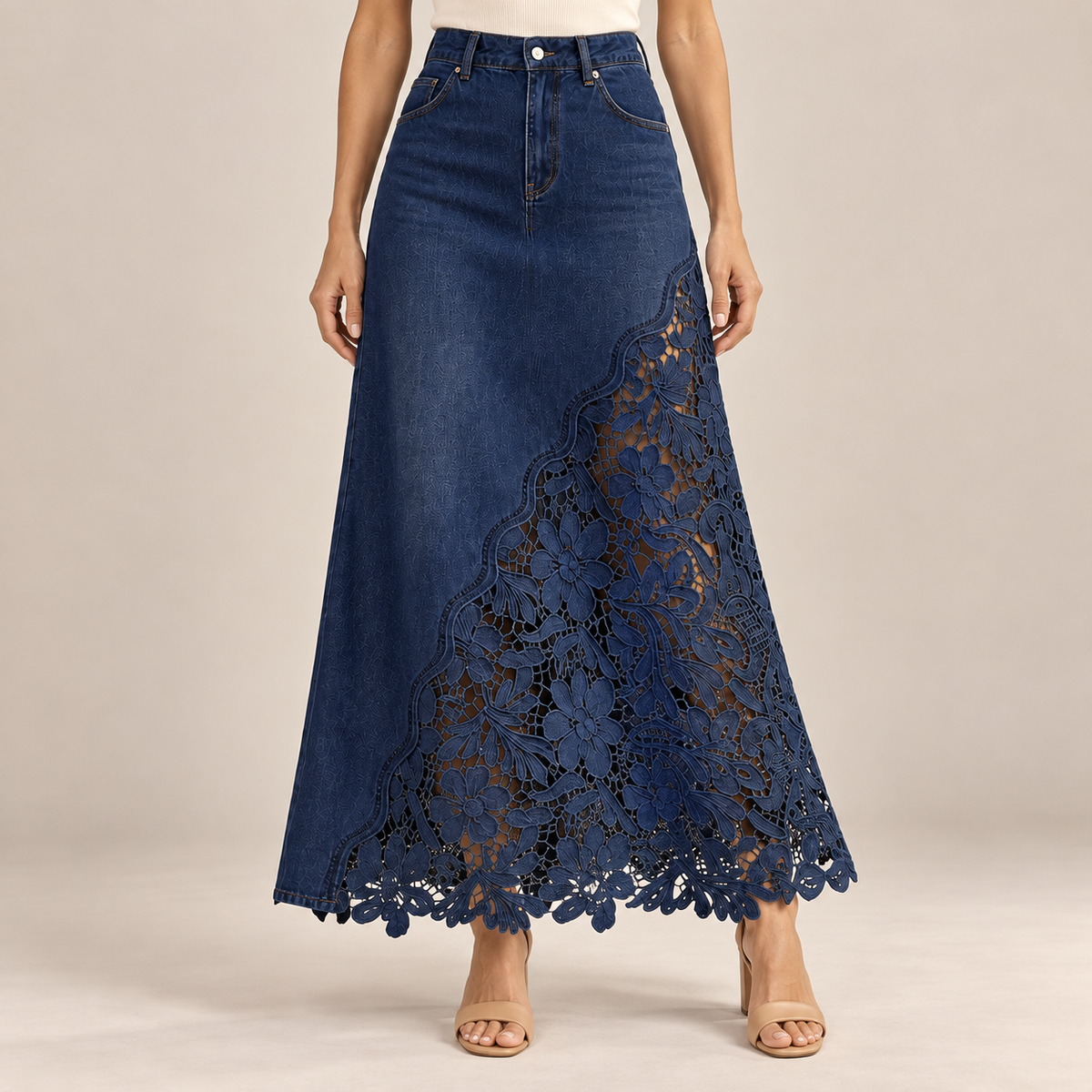 Roselle Navy lace denim maxi skirt worn by a model, waist-to-feet studio view