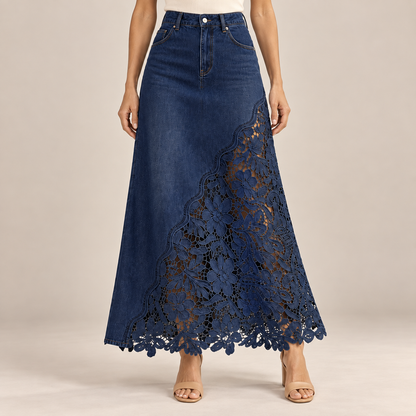 Roselle Navy lace denim maxi skirt worn by a model, waist-to-feet studio view