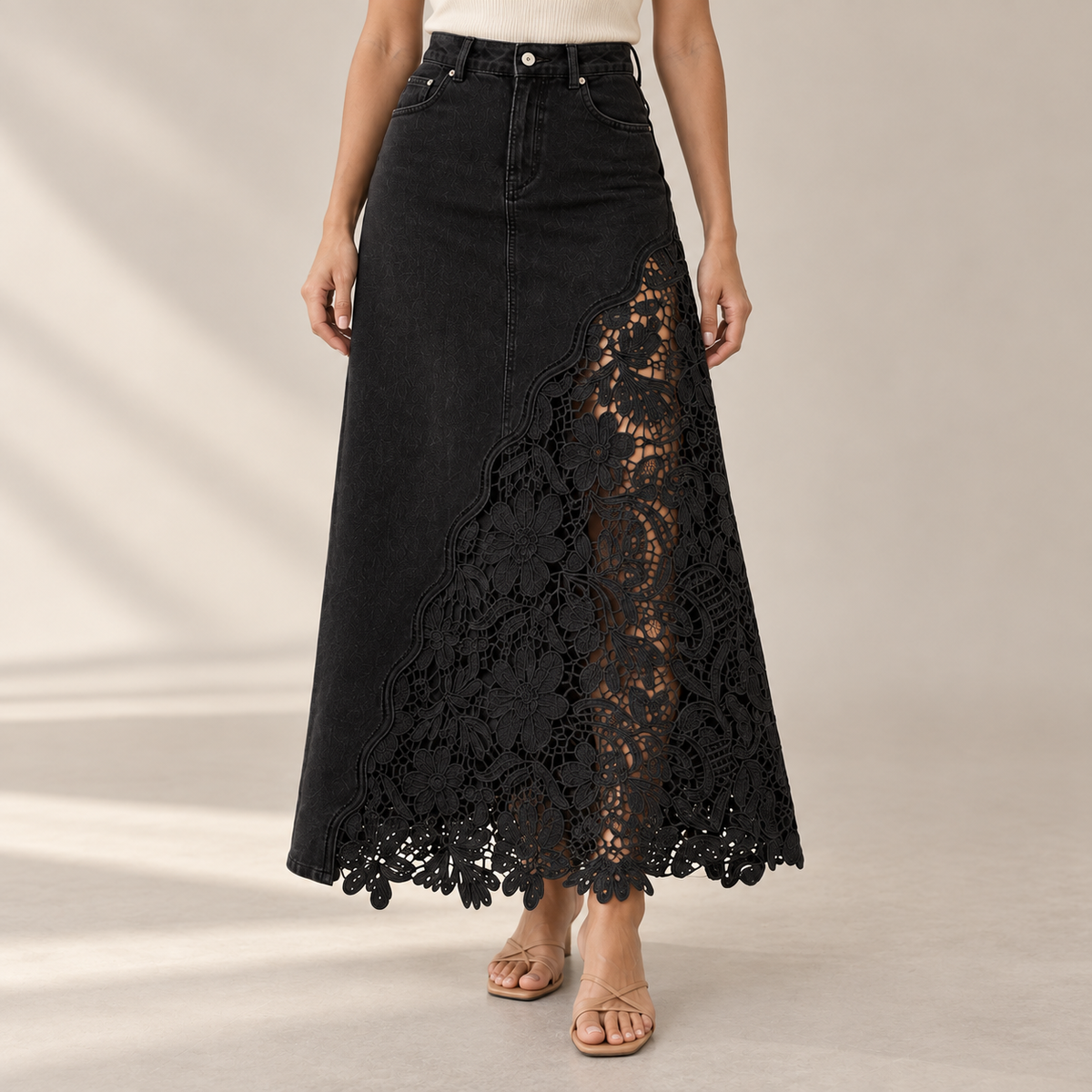 Roselle Black lace denim maxi skirt worn by a model, waist-to-feet studio view