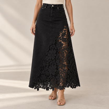 Roselle Black lace denim maxi skirt worn by a model, waist-to-feet studio view