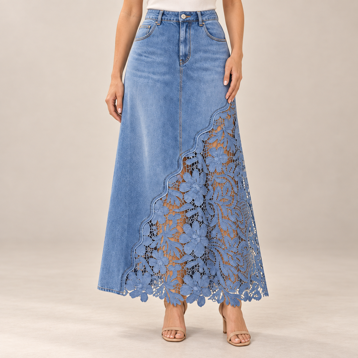 Roselle Light Blue lace denim maxi skirt worn by a model, waist-to-feet studio view