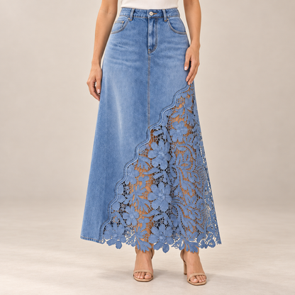Roselle Light Blue lace denim maxi skirt worn by a model, waist-to-feet studio view